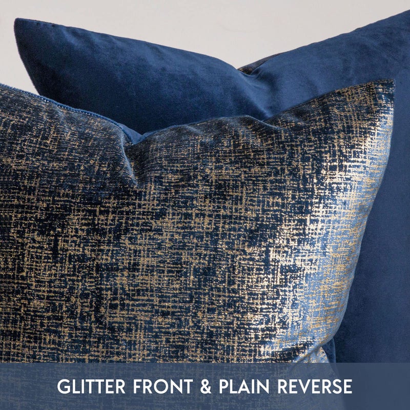 Phantoscope Pack of 2 Sparkling Velvet Geometric-Pattern Throw Decorative Pillow Cover Soft Gold Glitter Square Cushion Cover Pillowcase for Couch Bed and Chair, Navy Blue, 18 x 18 inches, 45 x 45 cm - Image 2